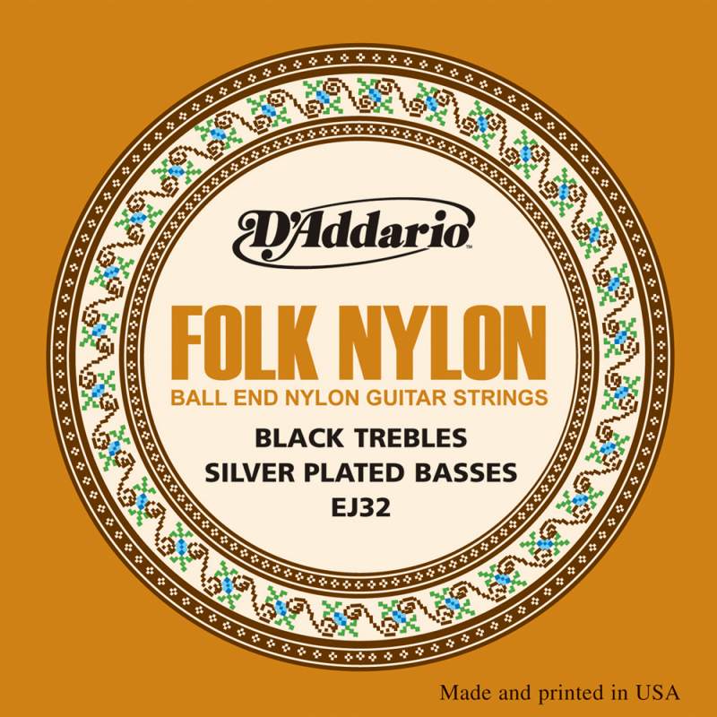 D'Addario EJ32 Folk Nylon, Ball End, Silver Wound/Black Nylon Trebles《クラシックギター弦》 【ネコポス】