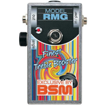 VOX製のTreble-Bass Boosterを忠実に再現 1960年代当時イギリスのミュージシャンを中心に数多く使用されていたVOX製のTreble-Bass Boosterを忠実に再現したクリーンサウンドに最適なトレブルブースターです。 RMGはザ・バーズ／ロジャー・マッギンの「Jinge Jangle」サウンドを再現しているカスタムバージョンです。トーンコントロールを搭載しているので幅広いサウンドを得られます。ギターサウンドに煌めきを加え、パーカッシブなアタック感を強調し、ギターの存在感を高めます。 トーンを高めにセットするとバーズ時代のロジャー・マッギンの「Jinge Jangle」サウンドが甦ります。そう、あの「ミスター・タンブリン・マン」のあの音です。 トーンをミドルにセットすると高域がマイルドで低域がパワフルなパンチのあるカントリー／ナッシュビルやロカビリースタイルに最適なトーンを得られます。トーンを低くセットするとブルースやジャズに敵した中域が豊かなトーンが得られます。優れたクリーントーンが求められるジャンルに幅広く適しています。 アナログ・コンプレッサーと組み合わせて使用すると更に効果的です。ベストな組み合わせを得るべく、色々とお試しください。また、真空管アンプの前段はもちろんのことトランジスタアンプの前段にも適しています。また、アコースティックギターにもお使いいただけます。 ロジャー・マッギン・サウンドの秘密 60〜70年代にかけて、イギリスの殆どのギター・プレイヤー達は、同じようなゲルマニウムを使用したブースターを使用していました。その頃のミュージック・シーンにおいては出過ぎる低域成分は敬遠されました。そこで、ギタリスト達はこぞってトレブル・ブースターを使用し、高域成分を持ち上げていました。そして、ブースターを使用した際の付加効果である邪魔な低域部分のカットを行っていたのです。 ロジャー・マッギンは当時、Voxのトレブル・ブースターとコンプレッサーをフェンダー・アンプの前段に接続し、トースターピックアップを搭載したリッケンバッカー製12弦ギターをプレイしていました。 使用上のご注意 トレブル・ブースターはギターとアンプの間に接続してください。ギターのピックアップ、トレブル・ブースター、アンプの相互関係からそのマジカルトーンは生まれます。 Specification サイズ：77W×110H×53Dmm／270g 電源：9V電池もしくはACアダプター（DC9V センターマイナス　2.1mm）