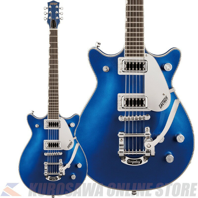 G5232T Electromatic? Double Jet FT with Bigsby は、Jetならではの卓越したパワーとサウンドを提供します。 ダブルカッタウェイのチェンバードマホガニーボディとアーチドメイプルトップのトーンウッドコンビネーションにより、豊かなローエンドとミッドレンジ、そして明確かつシルキーなハイエンドに特徴付けられる、ラウドでクリアなクラシックJetトーンが得られます。 このサウンドこそが、多種多様なトーンにも対応する、力強くバランスの取れたサウンドの基礎を形成します。 Black Top Filter?Tronピックアップは、Electromatic Double Jet FTのチェンバードボディサウンドを増幅し、スケール感のある、バランスの取れたクリアなトーンを生み出します。 ラウドでパンチの効いたサウンドは、あらゆるゲインレベルで輪郭を失わず、明瞭なトーンを維持します。 3ポジショントグルスイッチで切り替えられるの2基のピックアップは、ボリュームコントロール、マスタートーン、マスターボリュームとトレブルブリード回路の組み合わせにより、ピックアップとトーンの設定を直感的かつ包括的にコントロールすることが可能です。 12インチラジアスのローレル指板には22本のミディアムジャンボフレットとパーロイドNeo-Classic サムネイルインレイを採用し、ブリッジ部には固定式Adjusto-MaticブリッジとBigsby Tremoloを装備しています。 BroadwayJade、Fairlane Blue、そしてFirestick Redの3カラーをラインナップし、いずれのカラーモデルもシルバーピックガードとクロムハードウェアをフィーチャーしています。 Body Material: Mahogany (533, 539, 540, 551, 579), Mahogany with Arched Maple Top (548, 570, 595) Body Finish: Gloss Neck: Mahogany, Thin “U” Neck Finish: Gloss Fingerboard: Laurel, 12” (305 mm) Frets: 22, Medium Jumbo Position Inlays: Pearloid Neo-Classic? Thumbnail (Laurel) Nut (Material/Width): Synthetic Bone, 1.6875” (42.86 mm) Tuning Machines: Die-Cast Scale Length: 24.6” (625 mm) Bridge: Anchored Adjusto-Matic Pickguard: Silver Plexi w/ Black Gretsch & Electromatic Logos (548, 570, 595), Silver Plexi with Black Gretsch and Electromatic Logos (533, 539, 540, 551, 579) Pickups: Black Top Filter?Tron (Bridge), (Middle), Black Top Filter?Tron (Neck) Pickup Switching: 3-Position Toggle: Position 1. Bridge Pickup, Position 2. Bridge And Neck Pickups, Position 3. Neck Pickup Controls: Volume 1. (Neck Pickup), Volume 2. (Bridge Pickup), Master Volume with Treble Bleed, Master Tone Control Knobs: G-Arrow Hardware Finish: Chrome Strings: Nickel Plated Steel (.010-.046 Gauges) Case/Gig Bag: Optional: 099-6460-000 Gig Bag - G2164 - Solid Body Electric; 099-6474-000 Economy Case - G6238FT - (Flat) Solid Body A6079/B; 099-6410-000 Deluxe Case - G6238 - Solid Body Models モデル番号：2508210570