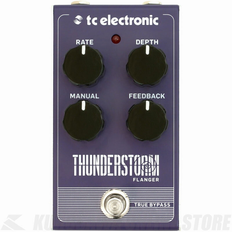 TC ELECTRONIC Thunderstorm Flanger Thunderstorm Flanger（サンダーストーム・フランジャー）はアナログBBD回路を搭載したアナログ・フランジャー・ペダルです。テープ・スウィープやコーラス・エフェクトのような繊細な揺らぎからジェット機のような強烈な効果まで演出可能です。 幅広いフランジャー・トーン Thunderstorm Flangerはロック・ミュージックで聴かれる王道のフランジャー・トーンを提供します。アンディー・サマーズの疑似コーラス・トーンから、ヴァン・ヘイレンの伝説的なフランジャー・サウンドまで、幅広い効果を提供します。 アナログBBD回路搭載 Thunderstorm Flangerはアナログ回路ならではの音楽的な響きと温かみのあるフランジャー・サウンドを手に入れることができます。立体感のあるサウンドスケープで、インスピレーションも加速することでしょう。 モダン・プレイヤーのニーズに対応 エフェクトボードのスペースを確保することは、ギタリストの悩みの種です。Thunderstorm Flangerはコンパクトなメタルシャーシの筐体にトップマウント端子仕様で、エフェクトボードにスマートに加えることができます。またトゥルーバイパス仕様なので、OFF時はトーンに一切干渉しないのも嬉しいポイントです。