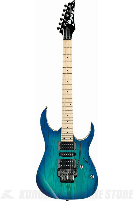 Ibanez RG370AHMZ-BMT(Blue Moon Burst) ・薄い握り心地と握りやすさを追求した、 IbanezオリジナルのWizard IIIネック・シェイプ ・明瞭なアタック感を得やすいアッシュ材ボディ（ ボディ表面と側面/裏面とを別カラーで塗り分けています。 ） ・Ibanez 伝統の“EDGE”の流れを汲む、 ナイフエッジ支点構造の"Edge Zero II"トレモロ・ブリッジ ・汎用フローティング・トレモロと比べ弦交換や調音が迅速・簡単になるZero Point System通常のスプリングに加えアディショナル・スプリング2 本とストップ・ロッドで構成するシステムで、ユニットを常にゼロ・ポイントつまりセンターに保とうとする働きを持ち、弦の張力の変化にほとんど影響を受けない環境を実現しています。 ・音の輪郭が明瞭な低音域とキレのよい高音域が特徴のオリジナル・ピックアップ：Quantum ■ギグ・ケース付属 Specification Neck type ：Wizard III Maple neck Body ：Ash body Fretboard ：Maple fretboard w/Black dot inlay Fret ：Jumbo frets Bridge ：Edge-Zero II tremolo bridge w/ZPS3Fe Neck pickup ：Quantum (H) neck pickup Middle pickup ：Quantum (S) middle pickup Bridge pickup ：Quantum (H) bridge pickup Hardware color ：Cosmo black　