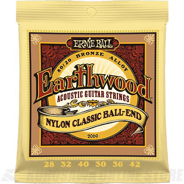 ERNIE BALL 2069 Earthwood Folk Nylon, Clear Gold Ball End, 80/20 Bronze Acoustic Guitar Strings《クラシックギター弦》【ネコポス】（ご予約受付中）