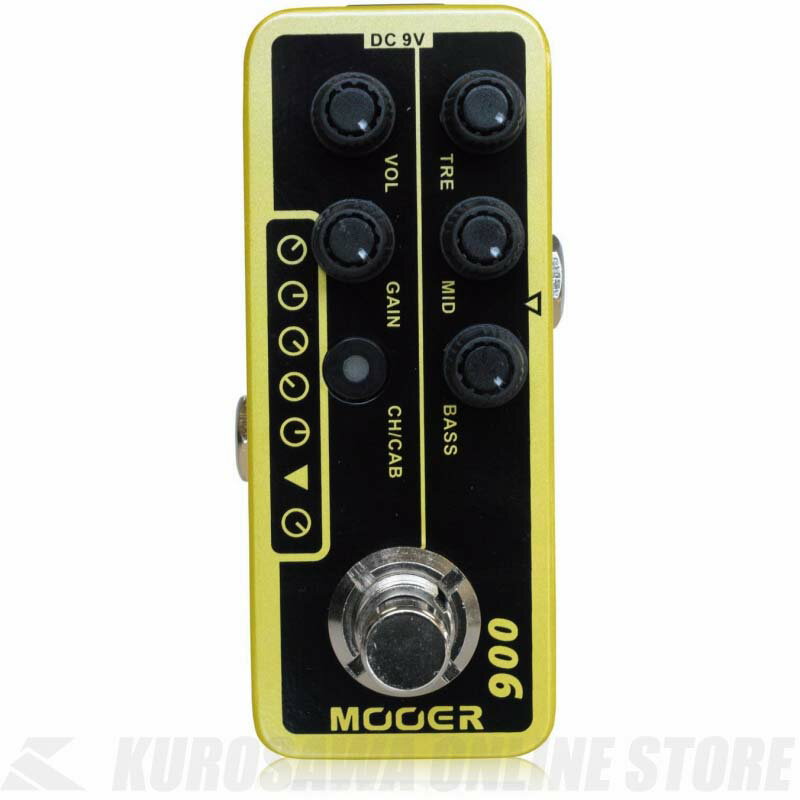 - Mooer / Micro Preamp 006 - Mooer Micro Preamp 006は、クラシックなトーンを現代的にリファインした、90年代の“新しいツイードアンプ”のトーンを収録したミニサイズのプリアンプペダルです。 ヴィンテージな風合いのツイードキャビネットに覆われた40Wコンボアンプには12インチスピーカーが1発セットされていました。90年代に発売されながら、後にリイシューモデルも出た名作のトーンが、この小さなペダルで再現できます。 ●Micro Preamp Mooer Micro Preampシリーズは、様々な真空管アンプのサウンドをミニサイズ筐体に収録したデジタルプリアンプペダルです。“Inteligent Amplifier Modeling”テクノロジーにより、本物のチューブアンプが持つサウンド、ダイナミクス、レスポンスをキャプチャしました。 小さな筐体には機能が満載。3バンドEQを搭載し、2つのチャンネルを選択可能、さらにキャビネットシミュレータも内蔵します。フットスイッチはアクティブ/バイパスだけでなくチャンネル切替えスイッチとして使うこともできます。 Micro Preampシリーズのペダルは、エフェクターとしてはもちろんのこと、エフェクトリターンやパワーアンプインプットに接続し、アンプのパワーアンプを直接駆動させることもできます。さらにスピーカーシミュレータを使用してのラインレコーディングも可能。PAやモニターに直接出力することもできます。 ●完全独立したデュアルチャンネル Micro Preampシリーズは独立した2つのチャンネルを選択することができます。操作を行うコントロールノブは共通していますが、2つのチャンネル間でノブの操作が影響することはありません。CH/CABボタンやフットスイッチでチャンネルを切替えると、現在のノブの位置にかかわらず、前回の設定がそのままロードされます。 つまり、一度作った音は、チャンネルを切替えてノブを動かしても影響することがありません。 チャンネルを切り替えるとLEDカラーが変わるため、現在のチャンネルも一目でわかります。 ●キャビネットシミュレータ Micro Preampシリーズにはスピーカーから出た音をシミュレートするスピーカーシミュレータを内蔵し、PAやモニター、オーディオインターフェイスなどに直接接続することもできます。スピーカーシミュレータのON/OFFはCH/CABボタンを長押しする切り替わります。キャビネットシミュレータがONになっている間、LEDはゆっくりと点滅します。 ●コントロール ・VOL：音量を調整します。 ・GAIN：歪みの強さを調整します。 ・TRE：高域の出方を調整します。 ・MID：中域の出方を調整します。 ・BASS：低域の出方を調整します。 ・CH/CAB：プッシュすることでチャンネルを切替えます。また、2秒間の長押しでキャビネットシミュレータのON/OFFを切替えます。 ・フットスイッチ：2つの動作モードを備えています。動作モードを切り替えるにはフットスイッチを2秒間長押しします。 アクティブ/バイパス：フットスイッチを押すことでプリアンプのアクティブとバイパスを切替えます。通常のエフェクターのように使うことができます。 チャンネル切替え：フットスイッチを押すことで2つのチャンネルを切替えます。常時ONのプリアンプとして使う際に有効です。 ●接続 ・DCIN：センターマイナスDC9Vアダプターを接続します。消費電流は220mAです。 ・INPUT：楽器側のケーブルを接続します。プリアンプとして使う場合、前段に歪みエフェクターなどを接続することも効果的です。 ・OUTPUT：アンプやPA側のケーブルを接続します。アンプのインプットやエフェクトリターン、PAなどに接続します。空間系エフェクトなどは後段に接続すると効果的です。 ●スペック インプット：1/4インチモノラルオーディオジャック（インピーダンス：1MΩ） アウトプット：1/4インチモノラルオーディオジャック（インピーダンス：100Ω） 電源：レギュレートされたセンターマイナスDC9Vアダプター（電池はご使用になれません） 消費電流：220mA サイズ：93.5mm(D)×42mm(W)×52mm(H) 重量：160g 種類：アンプシミュレーター（ギター用） アダプター：9Vセンターマイナス 電池駆動：- コントロール：VOL、GAIN、TRE、MID、BASS、CH/CABスイッチ