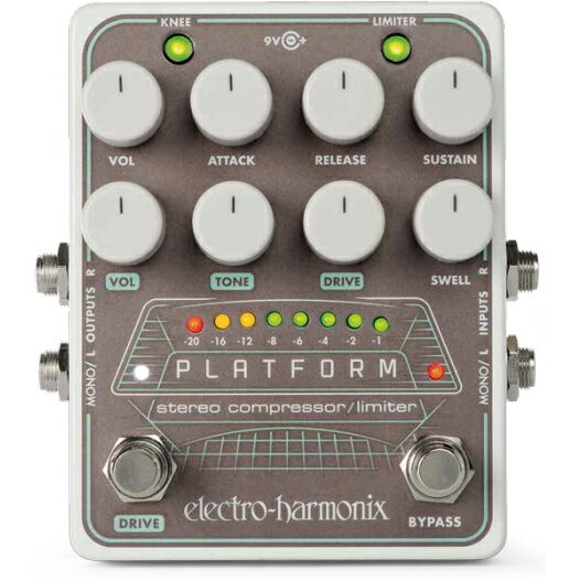 - Platform Stereo Compressor/Limiter - ヴォリュームスウェル、テープリバース、オーバードライブなどのユニークな機能を搭載したプロ仕様のステレオ・コンプレッサー/リミッター。 スタジオやポストプロダクションでも使用できるほどの高い性能でありながら、 ライブで使用できるコンパクトなフォーマットに収めた高品質コンプレッサーです。 Platformを使用することで楽器のダイナミクスの正確なコントロールが可能で、 ヴォリューム、アタック、リリース、サスティーンなどのコントロールに加え、 モード切り替えボタン（コンプレッサー/リミッター）と、Kneeの切り替えボタン（ソフト/ハード）を搭載します。 専用のヴォリューム、トーン、ドライブコントロールを備えたオーバードライブ機能はさらなる幅広い音作りを可能にします。 swell機能は専用のノブを使用してコントロールし、時計回りに回すにつれ、よりヴォリュームの変化がなだらかになります。 Platformは完全なステレオ仕様で、モノINモノOUT、モノINステレオOUT、ステレオINステレオOUTにも対応します。 また3色のLEDインジケーターを搭載しておりリアルタイムでゲインリダクションの量を確認可能でVUメーターの様な役割を果たします。 EHX9.6DC-200mAアダプターが付属します。 - 特徴 - ・楽器や状況にかかわらずダイナミクスを正確にコントロール可能なスタジオクオリティ・コンプレッサー/リミッター ・ヴォリューム、アタック、リリース、サスティーンなどのコントロールに加えモード切り替えボタン （コンプレッサー/リミッター） とKneeの切り替えボタン （ ソフト/ハード） を搭載。 ・フットスイッチでON/OFF切り替え可能なオーバードライブを搭載。コンプレッサーと合わせて使用する事でサチュレートしたスムースなサウンドを作り出します。 ・Swellコントロールを使用することでフェードイン効果、 ヴァイオリン奏法、リバース効果などを再現。 ・ステレオ仕様。モノINモノOUT、モノINステレオOUT、ステレオINステレオOUTにも対応。 ・3色のLEDインジケーターを搭載。リアルタイムでゲインリダクションの量を確認可能。 ・複数のエフェクターや長いケーブルを接続しても信号を劣化させないステレオ・バッファードバイパス仕様。 ・EHX9.6DC-200mAアダプター付属