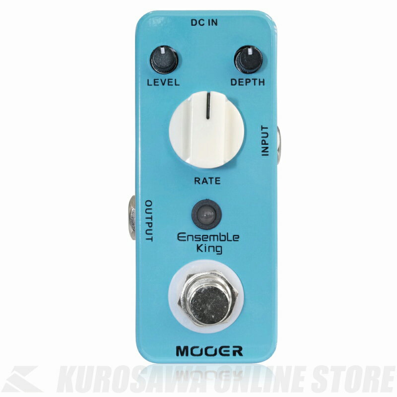 - Mooer / Ensemble King - Mooer Ensemble Kingは、ミニサイズのメタル筐体を使用したフルアナログコーラスペダルです。 アナログ回路によるクリアでウォームなコーラスサウンドが特徴です。 トゥルーバイパス仕様なので、バイパス時に音色が変わる心配もありません。 電源はDC9Vセンターマイナスアダプターで動作します。 電池での動作には対応していません。 ●特徴 ・ピュアなアナログコーラスサウンド ・フルメタル筐体 ・超小型、コンパクトデザイン ・トゥルーバイパス ・スタンダードなDC9Vアダプターで駆動 ●コントロール ・LEVEL：コーラスエフェクトのバランスを調整します。 ・RATE：コーラスのスピードを調整します。 ・DEPTH：コーラスのかかりの深さを調整します。 ●スペック インプット：1/4インチモノラルオーディオジャック（インピーダンス：470kΩ） アウトプット：1/4インチモノラルオーディオジャック（インピーダンス：470Ω） 電源：レギュレートされたセンターマイナスDC9Vアダプター（電池はご使用になれません） 消費電流：9mA サイズ：93.5mm(D)×42mm(W)×52mm(H) 重量：160g 種類：コーラス（ギター用） アダプター：9Vセンターマイナス 電池駆動：- コントロール：LEVEL、RATE、DEPTH