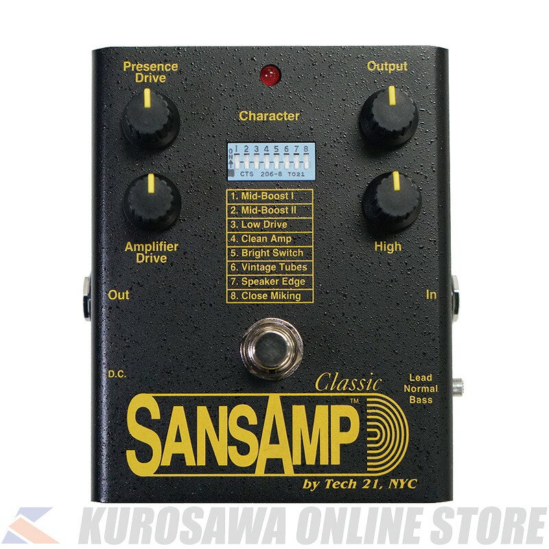 -SNAPPER-CTM Daisuke Kato Custom “D A I”- 6月9日発売開始 あの”SansAmp CLASSIC”が帰ってきた！ エフェクター関連の製品で、時の試練に耐えられるものは稀です。 SansAmp Classicは30年以上にわたり、デスメタルからCMジングルまであらゆる音楽ジャンルの無数のプロスタジオで、世界中のツアーで、 膨大な種類のメジャーリリース（グラミー賞受賞レコードを含む）で、そして何十万人ものプレイヤー、プロデューサー、エンジニアに使用されてきました。 2016年に製造を休止したSansAmp Classicを復刻します。 SansAmp Classicは、1989年にB.アンドリュー・バルタが発明したアナログペダルで、アメリカで製造されていました。 後のペダルやラックなどの幅広い製品群に発展し、Tech 21のFly Rigシリーズにもそのテクノロジーが活かされています。 SansAmp Classicには、8つのCharacterスイッチがあり、トーン、ハーモニクス、ダイナミクスの微妙なニュアンスを調節可能。 また、Inputスイッチにより、リード（Marshallスタイル）、ノーマル（Mesa Boogieスタイル）、ベース（Fenderスタイル）の3つのプリアンプのスタイルを切り替え可能で、リズム・ギターやベース・ギターにも使用可能です。 SansAmpは、地球上で最も魅力的な真空管アンプの温かく豊かで自然なトーンを実現する、柔軟で使いやすい堅牢なデバイスとして世界中で愛されていますが、そのテクノロジーはSansAmp Classicから全てが始まりました。 ギターやベースだけでなく、インダストリアルサンプルからマラカスまで、あらゆるものがそのアナログ・マジックによって新たな生を得るでしょう。 ※商品画像はサンプル画像となります。 -SPECIFICATIONS- 電源 9V乾電池（006P）、またはDC9Vパワーサプライ（センターマイナス） サイズ 116 100 50 重量 約320g