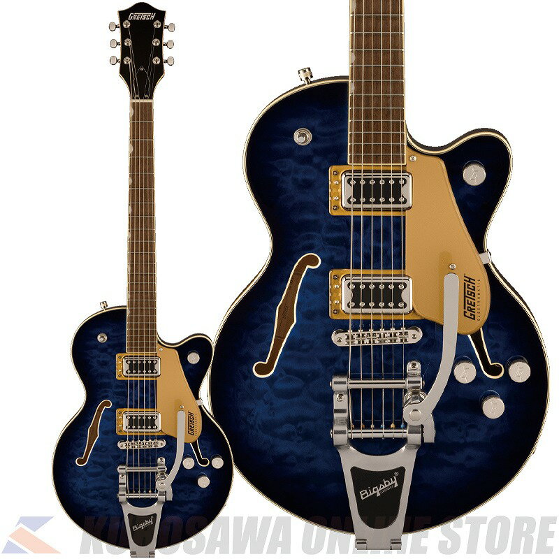 Electromatic Center Block Jr.ギターは、大音量でのピ ュアでパワフルなGretschサウンドを実現するためにデザインされています。 G5655TQM Electromatic Center Block Jr. Single-Cut with Bigsbyは、美しいキルテッドメイプルトップ、バック、サイドを採用したチェンバードスプルースのセンターブロックを備えた小ぶりなボディが特徴で、ダイナミックなレゾナンス、ハイゲインパワー、軽量な快適性を実現しています。 12インチラジアスのローレル指板には22本のミディアムジャンボフレットとNeo-Classicサムネイルインレイが施され、優れたプレイアビリティを提供します。 2基のBlack Top Broad?Tronハムバッカーを搭載し、大胆でダイナミック、かつ明瞭なトーンとパンチのあるサウンドが得られます。 各ピックアップのボリュームコントロール、マスタートーン、マスターボリュームとトレブルブリード回路の組み合わせにより、フレキシブルなサウンド設計が可能です。 グレッチのサウンド、スタイル、プレイアビリティに細心の注意を払って作られたこれらのモデルは、数十年にわたりグレッチを際立たせてきた、大胆不敵で存在感のあるサウンドを提供します。 -SPEC- Body Material: Laminated Maple Body Finish: Gloss Neck: Maple, Thin “U” Neck Finish: Gloss Fingerboard: Laurel, 12” (305 mm) Frets: 22, Medium Jumbo Position Inlays: Pearloid Neo-Classic Thumbnail (Laurel) Nut (Material/Width): Graph Tech NuBone, 1.6875” (42.86 mm) Tuning Machines: Die-Cast Scale Length: 24.6” (625 mm) Bridge: Anchored Adjusto-Matic Pickguard: Gold Plexi with Black Gretsch and Electromatic Logos Pickups: Black Top Broad?Tron (Bridge), (Middle), Black Top Broad?Tron (Neck) Pickup Switching: 3-Position Toggle: Position 1. Bridge Pickup, Position 2. Bridge And Neck Pickups, Position 3. Neck Pickup Controls: Volume 1. (Neck Pickup), Volume 2. (Bridge Pickup), Master Volume, Master Tone Control Knobs: G-Arrow Hardware Finish: Nickel Strings: Nickel Plated Steel (.010-.046 Gauges) Case/Gig Bag: Optional: Gig Bag 0996460000 / Hardshell Case 0996412000