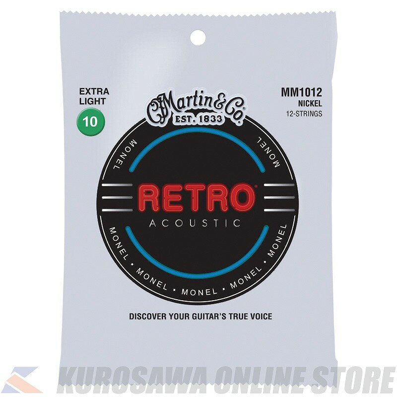 -RETRO SERIES- モネルと呼ばれる素材を巻き線に使用した、1930年代マーティン弦の復刻モデル。 楽器に用いられた材の自然なサウンドといえるような、独特なメロウさと歯切れの良さを兼ね備えた弦です。 ■Monel 錫メッキ鋼の芯線と、耐食性のあるモネル（ニッケルと銅の独自ブレンド）の巻線で作られています。 また、2弦、4弦、5弦の太さを現代風にアレンジ。 それによって、バランスの取れた感触と明瞭なイントネーションを得て、演奏を快適なものにします。 -SPECIFICATIONS- 品番：MM1012 ゲージ：12弦 Extra Light 1弦：.010/.010 2弦：.013/.013 3弦：.023/.010 4弦：.029/.012 5弦：.038/.018 6弦：.047/.027 テンション(kg)：115.9 -ご購入に関するご注意- 『ネコポス』のお支払い方法はクレジットカード決済、銀行振込、現金書留となります。 お届け日時のご指定、及び代引きでのお支払いは出来ませんので予めご了承下さい。 日時指定・代引きをご利用の際は通常送料と代引き手数料がかかります。 その他の送料別途商品と一緒に複数お求めの場合は一つ分の送料のみがかかります。 ※送料は商品金額の最も高いものの送料のみが適用されます。 送料別の商品と送料込の商品を同時にご注文の場合も同様ですので、 楽器本体などネコポス対象商品より金額の高い送料無料の商品と同時にお求め頂くと送料無料になります。