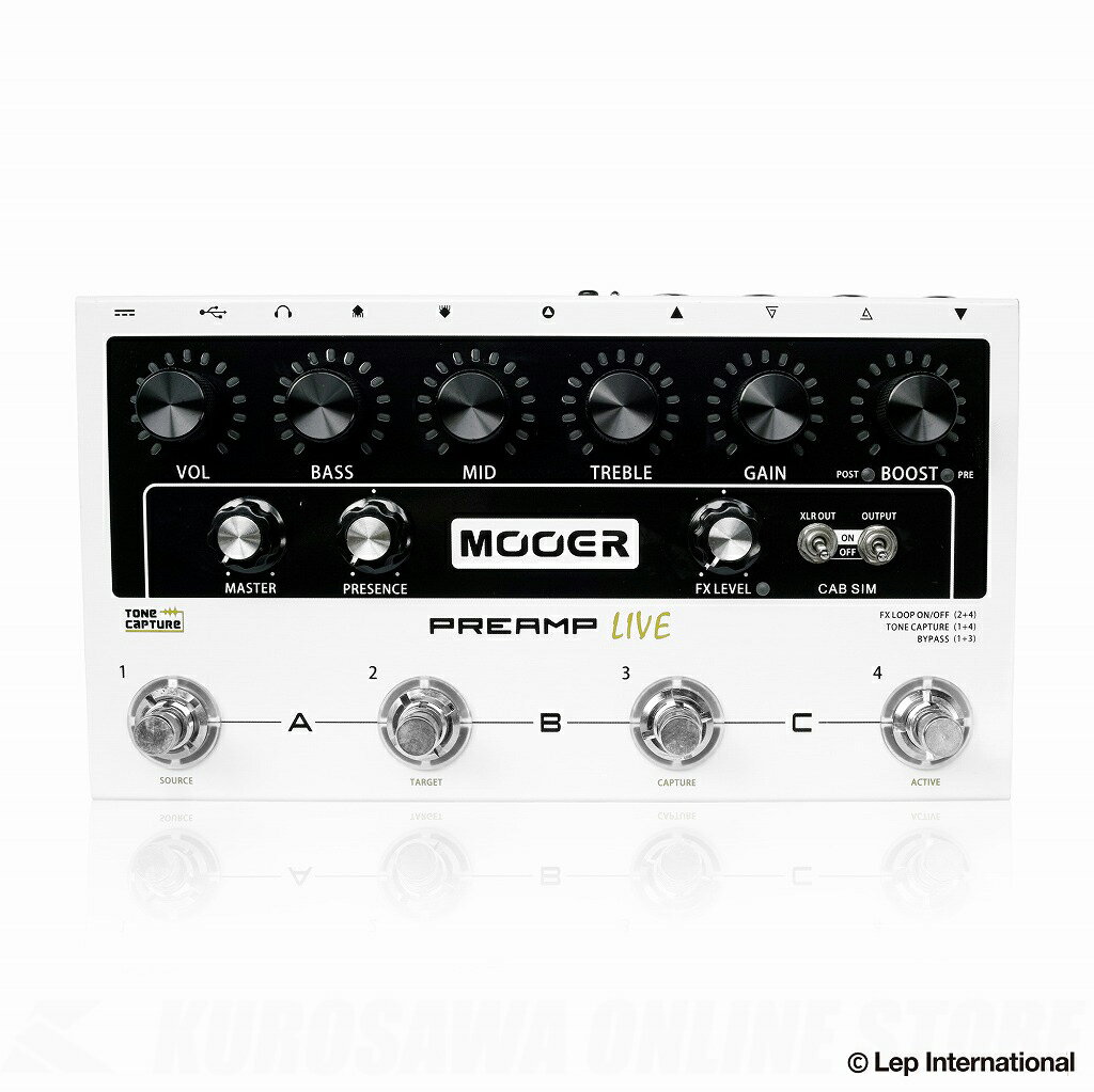 -MOOER Preamp Live- Mooer Preamp Liveはライブステージなどで活躍する究極のデジタルプリアンプモデラーとして開発されました。各コントロールはライブパフォーマンスで最適にご使用いただけるよう、操作性を高めて作られています。 Mooerの人気モデル、Micro Preampシリーズをベースとした12種類の独立したプリアンプチャンネルを搭載し、様々なアンプのトーンを即座に出力することができます。 12の各プリアンプにはデュアルポジションブースター、プログラマブルエフェクトループ、チャンネルコントロール、MIDI IN/OUT機能があり、ヘッドフォンアウトを含め、様々なアウトプットを搭載。IRロードのできるキャビネットシミュレートをかけることもできます。 さらに、Mooer TONE CAPTURE技術により、お手持ちのアンプのトーンをキャプチャーし、自分だけのアンプトーンを作ることもできます。 ●特徴 ・12種類の独立したプリアンプチャンネルと、様々なスイッチングコントロール ・各チャンネルごとにプリ/ポストブースターを搭載 ・様々なライブシチュエーションに合わせ、グローバルコントロールをすばやくセットアップ ・ソフトウェアを用いて各アウトプットにIRをロードし、キャビネットシミュレートをかけることが可能 ・シリアル、A/Bモードを搭載したフルプログラムエフェクトループで、外部エフェクターを組み合わせ可能 ・TONE CAPTUREによりリアルアンプのトーンキャラクターをサンプリングし、新たなプリアンプモデルとして登録可能 ・ヘッドフォンアウトにより練習にも最適 ・マッピング可能なMIDI IN/OUTにより外部機器と同期 ・USB/Bluetooth接続でPC/Mac、モバイルアプリからのエディット可能 ●プリアンプチャンネル Preamp Liveは12のプリアンプチャンネルにアンプモデルや各種設定をプリセットすることができます。12のチャンネルは3つのバンクに分かれており、各バンクに4つのチャンネルがあります。 3つのバンクはそれぞれ4つのチャンネルを持ったアンプヘッドのように考えることができ、Preamp Liveのフットスイッチはそのアンプヘッドのチャンネルを切り替えるフットスイッチのように操作することができます。 各プリアンプチャンネルにはそれぞれ個別のキャビネットシミュレートが割り当てられています。さらにIRファイルをキャビネットシミュレートに使用することもできます。 バンクごとにコントロールノブのLEDカラーが変わるため、視覚的に現在の設定を確認することができます。 ●コントロール Preamp Liveには主にライブパフォーマンスでの使用を考慮したコントロールを搭載しています。各コントロールは感覚的かつ簡単に操作することができます。 コントロールは3段に分かれており、上段はチャンネルコントロール、中段はマスターコントロール、下段にフットスイッチという構成となっています。 チャンネルコントロールは各プリアンプチャンネルを設定します。ノブの周りを囲むLEDは、パラメータの値を視覚的に表示しています。 ・VOL：プリアンプチャンネルの音量を調整します。 ・BASS：プリアンプチャンネルの低域を調整します。 ・MID：プリアンプチャンネルの中域を調整します。 ・TREBLE：プリアンプチャンネルの高域を調整します。 ・GAIN：プリアンプチャンネルのゲインを調整します。 ・BOOST：ノブを回してプリアンプチャンネルのブーストレベルを調整します。ノブを押すとブーストの位置をPre（プリアンプインプットの前）とPost（プリアンプボリュームの後）から選択します。ノブを長押しするとプリ/ポストノイズゲートにアクセスできます。（LEDがイエローになります。） マスターコントロールはプリアンプチャンネルとは独立したグローバルセッティングを調整します。マスターコントロールはオペレーションに影響されず、様々なチャンネルの設定を変えることなく環境に合わせた調整が行えます。 ・MASTER：Preamp Live全体の音量を調整します。 ・PRESENCE：Preamp Live全体のプレゼンス（音の明るさ）を調整します。 ・FX LEVEL：エフェクトセンドからのマスターアウトプットレベルです。 ・CAB SIMスイッチ：スピーカーキャビネットシミュレートのON/OFFを切り替えます。各アウトプットには独立したスイッチがあり、それぞれ個別にキャビネットシミュレートを切り替えることができます。フルレンジモニタやPAシステム、オーディオインターフェースに接続する際はキャビネットシミュレートをONにします。 ●ブースター Preamp Liveには2つのブースターを内蔵しています。PRE BOOSTとPOST BOOSTです。それぞれのブーストセッティングをプリアンプチャンネルごとに保存することができます。 PRE BOOSTはプリアンプに入る前のシグナルチェインに入り、クリーンなオーバードライブペダルのようにプリアンプをプッシュしてサチュレーションを強化することができます。PRE BOOSTは軽くミッドを強調し、音を少し太くします。 POST BOOSTはプリアンプの後に設置され、より音量を稼ぐことができます。POST BOOSTは透明なクリーンブーストで、0〜6dBのブーストレンジとなります。 ●ノイズゲート Preamp Liveにはチャンネルごとに2つのノイズゲートを搭載しています。PREとPOSTです。両方を同時に使うことも可能です。 ●エフェクトループ Preamp Liveには2つのモードを備えたプログラマブルエフェクトループを備えています。 MODE Aはトラディショナルなシリアル（直列）エフェクトループです。プリアンプセクションの後に接続されます。外部エフェクトユニットをプリアンプの後に接続し、プリアンプを切り替えることによりON/OFFを設定したいときに有効です。 MODE Bはプリアンプセクションをバイパスすることのできるエフェクトループです。外部アンプやプリアンプペダルを接続し、Preamp Liveのプリアンプをスルーする際に使用します。ギターアンプと4ケーブルメソッドで接続すれば、エフェクトループのON/OFFでギターアンプのプリアンプとPreamp Liveのプリアンプを切り替えることができます。 例えば、チャンネル1、2、4ではPreamp Liveのプリアンプを使い、チャンネル3ではギターアンプのプリアンプを使う、ということが可能です。 ●TONE CAPTURE Preamp LiveにはTONE CAPTUREというスペシャル機能があります。TONE CAPTUREは、外部機器のフィードバックサンプリングにより特別なEQステージを作り、外部アンプのプリアンプ特性やプリアンプペダルの特性をキャプチャーします。 このEQステージとMooerプリアンプモデルを組み合わせることで、お好みのアンプ（またはプリアンプペダル）のサウンドを再現します。 全てのチャンネルにTONE CAPTURE EQを保存することができ、さらにそれらはソフトウェアを用いて共有することもできます。 ●キャビネットシミュレート 各プリアンプチャンネルには個別に割り当てられたキャビネットシミュレーターを内蔵しています。ソフトウェアからキャビネットシミュレートを変更することができます。 IRファイルをインポートし、キャビネットモデルとして使用することもできます。 ●MIDI Preamp LiveにはシンプルでストレートなMIDI機能があります。MIDI PC（プログラムチェンジ）シグナルを送受信してチャンネル/プリセットを切り替えます。PCナンバーとチャンネルのマッピングはソフトウェアから行います。 ●ソフトウェアとモバイルアプリ Preamp LiveにはコンピュータとUSBで、またはモバイルデバイスとBluetoothでPreamp Liveを接続して使用するソフトウェア/モバイルアプリがあります。 ソフトウェアはWindows/Mac用があり、モバイルアプリはGoogle PlayおよびApple App Storeから入手することができます。 これらのソフトウェア/モバイルアプリではプリアンプチャンネルのパラメータセッティングの変更、MIDIプログラムの変更、プリアンプモデルの変更が行えます。またソフトウェアからはファームウェアアップデートが可能です。 ●プリアンプモデル Preamp Liveには12種類のプリアンプチャンネルがあり、初期設定では以下のモデルが割り当てられています。 BANK A 1：GAS STATION CL（Micro Preamp 001と同様、ドイツのモダンハイゲインアンプのクリーン） 2：GAS STATION DS（Micro Preamp 001と同様、ドイツのモダンハイゲインアンプの歪み） 3：UK GOLD A（Micro Preamp 002と同様、英国の定番アンプのクリーン） 4：UK GOLD B（Micro Preamp 002と同様、英国の定番アンプの歪み） BANK B 1：Blueno CL（ハイエンドなハンドメイドチューブアンプのクリーン） 2：US CLASSIC OD（Micro Preamp 006と同様、アメリカンなコンボアンプの歪み） 3：UK GOLD DS（Micro Preamp 012と同様、人気のカスタムアンプの歪み） 4：BROWN SOUND 3DS（Micro Preamp 005と同様、USハイゲインアンプの歪み） BANK C 1：Cali Mk3 CL（Micro Preamp 008と同様、ハイゲインの礎を築いたLAアンプのクリーン） 2：Cali Mk3 DS（Micro Preamp 008と同様、ハイゲインの礎を築いたLAアンプの歪み） 3：TWO STONE CL（Micro Preamp 010と同様、ハイレスポンスなハイエンドアンプのクリーン） 4：TWO STONE DS（Micro Preamp 010と同様、ハイレスポンスなハイエンドアンプの歪み） さらに、ソフトウェア/アプリを使用することで50種類のプリアンプモデルを選択し、チャンネルに割り当てることができます。 ●スペック プリアンプチャンネル：12 インプット：1/4インチモノラルオーディオジャック（インピーダンス：500kΩ） アウトプット：1×1/4インチモノラルオーディオジャック（インピーダンス：100Ω） 1×XLRバランスドアウト（インピーダンス：100Ω） 1×3.5mmヘッドフォンジャック（インピーダンス：10Ω） エフェクトループ：モード1シリアル/モード2 A/B エフェクトセンド：1/4インチモノラルオーディオジャック（インピーダンス：100Ω） エフェクトリターン：1/4インチモノラルオーディオジャック（インピーダンス：500kΩ） MIDI IN/OUT：5pin DINコネクター USB：タイプB　メスコネクター サンプリングレート：88.2kHz サンプリング精度：24bit S/N：103dB ・インパルスレスポンススペック フォーマット：WAV サンプリングレート：44.1kHz サンプリング精度：24bit 最大サンプルレングス：512ms 電源：9〜12VDC 600mA サイズ：230mm x 130mm x 5654mm 重さ：1.18kg 付属品：1×USBケーブル、1×12Vアダプター