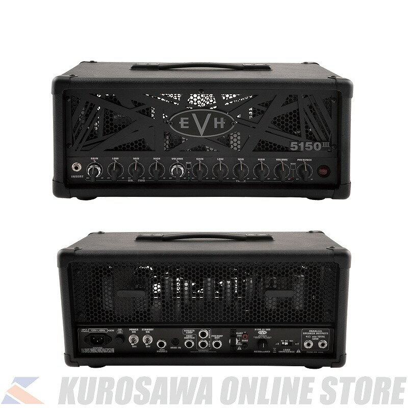 -5150III 50S 6L6- 小型化されたサイズとポータビリティを備えた全く新しいEVH 5150III 50S 6L6 Headは、コンパクトなパッケージでエドディ・ヴァン・ヘイレンのトーンやアリーナクラスの圧倒的なボリューム感、そして高いパフォーマンスを求めるプレイヤーに最適なアンプです。 あらゆる現場で実証済みの3チャンネルのサウンドは、クリスプなクリーントーン、コシのあるオーバードライブ、タイトなディストーション、燃えたぎるようなハイゲンリードサウンドなど、あらゆるプレイスタイルに対応します。 そして新たに追加された独立したデュアルコンセントリックコントロールにより、ゲインとボリュームレベルのマッチングが可能になりました。 エディのツアーでのストイックな要求を満たすように調整されたこの50Wのヘッドは、フルスペクトルのトーンを提供します。 チャンネル1はクリアでクリーンなトーンを奏で、チャンネル2はゲインを上げながらも低中域の明瞭度を向上させています。 チャンネル1と2はそれぞれデュアルコンセントリック式のゲイン＆ボリュームコントロールが可能で、共通のEQ（ロー、ミッド、ハイ）を備えています。チャンネル3は独自のゲイン、ボリューム、EQ（ロー、ミッド、ハイ）をコントロール。 また、3つのチャンネルはすべて共通のグローバルプレゼンスとグローバルレゾナンスコントロールを備えています。 アンプには7本のJJ ECC83プリアンプ管、1組のShuguang 6L6パワー管、切り替え可能な出力インピーダンス（4、8、16Ω）、調整可能なバイアスコントロールも搭載されています。 魅惑的なダークカラーのブラックテクスチャビニール、デュアルブラックEVHストライプスチールグリルフロントパネル、50Wのステルスヘッドには、ヴィンテージスタイルの「チキンヘッド」ブラックコントロールノブ、レッドジュエルLED、デュアルスピーカー出力ジャック、4ボタンフットスイッチ、エフェクトループ、ダイレクトアウト、モールドプラスチックハンドルが装備されています。 EVHアクセサリーとして、高品質なフィットカバーが用意されています。 ※画像はサンプルとなっております。実際の商品とは若干異なる場合がございますのであらかじめご了承下さい。 Specification 原産国：MX カラー：Black アンプタイプ：Tube コントロールノブ：Black Chicken-Head Style Pointer 入力：One - 1/4", MIDI (rear) レクティファイアー：Solid State キャビネット：White Birch ハンドル：Molded Plastic Strap with Nickel-Plated Caps インピーダンス：4, 8, or 16 ohms パワーチューブ：2 x Shuguang 6L6G MSTR プリアンプチューブ：7 x JJ ECC83S (12AX7) 寸法：14.40x16.40x28.00 IN 重量：44.50 LB