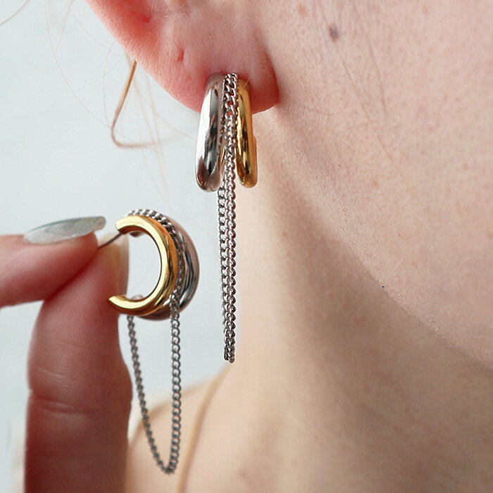 【12月上旬】コントラストチェーンピアス/コントラスト/無機質/歪/変形/ラウンド/フープ/華やか/可愛い..