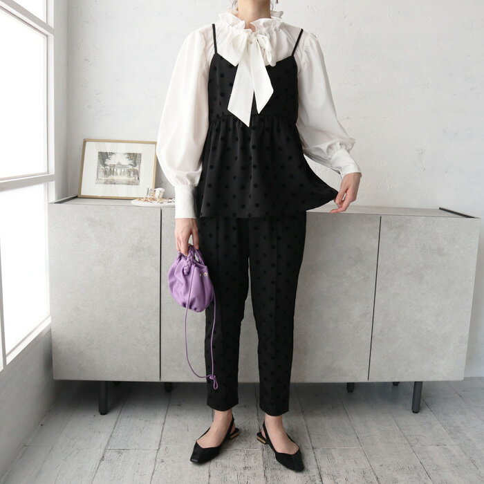 セットアップOK フロッキードットテーパードパンツ ドット パンツ セパレート オフィス 高見え アイボリー グレー ブラック ドットプリント とろみ素材 テーパード 七五三