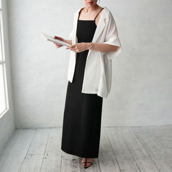 カップ付リブキャミワンピース/ワンピース/リブ/キャミソール/カップ付き/伸縮性/モノトーン/カジュアル/きれいめ/大人カジュアル/ラフ/レイヤード/肩紐調整可能/スリット入り/ロング丈/マキシ丈/ブラック