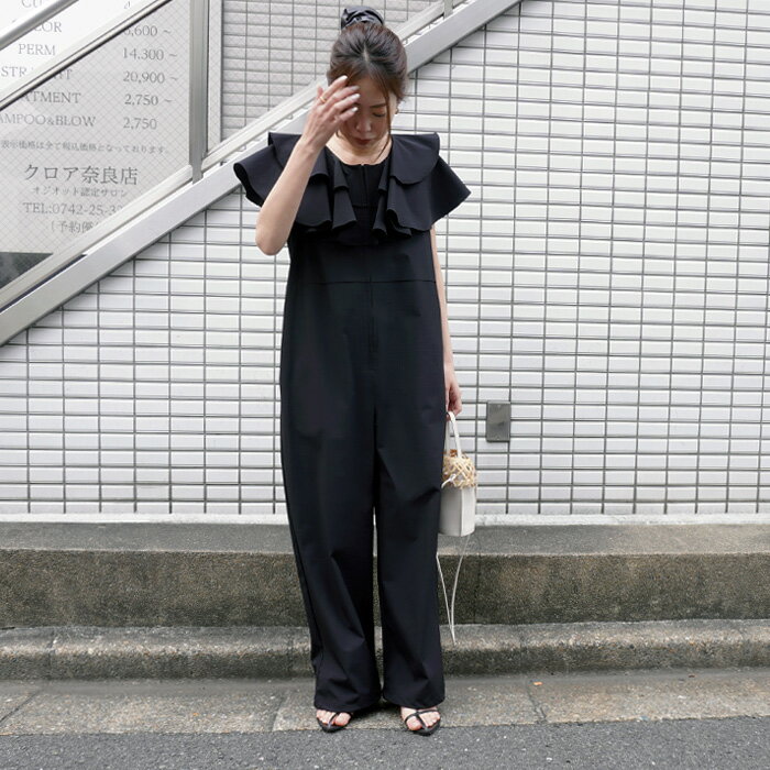 【在庫限り】2WAYフリルナイロンオールインワン ラッシュガード UVカット機能付き プール 海辺 普段使いOK オールインワン ロンパース ワイドパンツ ラフ ジップ サロペット 水際OK ラフ リゾート キレイめ 大人カジュアル ナイロン UVカット ブラック LIVE ITEM（楽天・select shop K.growth）