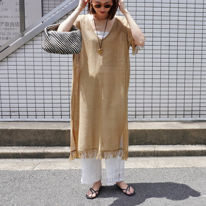 【5月中旬】メッシュフリンジチュニックワンピース バックデザイン フリンジ メッシュ チュニック シンプル ボヘミアン ワンピース 大人カジュアル モード サイドスリット スリット入り リゾート シアー 透け感 インド生地 レイヤード ホワイト ベージュ ブラック（楽天・select shop K.growth）