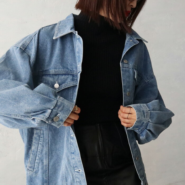 【送料無料/11月下旬】ボリュームスリーブビッグGジャン デニム Gジャン デニムジャケット ビッグシルエット オーバーサイズ ヴィンテージライク 無地 大人可愛い カジュアル 甘辛コーデ アウター ドロップショルダー ブルー ブラック デニム地 高見え