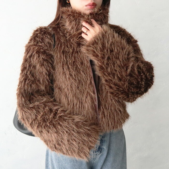 2WAYミックスエコファージャケット エコファー フェイクファー ファーlook 2WAY 秋冬アウター カジュアル ジャケット ふわふわ モフモフ ショート丈 高見え アウター ブラウン チャコールのサムネイル