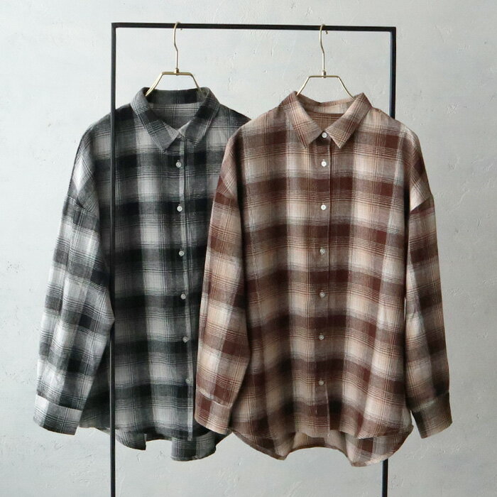 【予約特典/9月中旬】オンブレチェック柄オーバーシャツ シャツ トップス ブラウス 羽織り 重ね着 ビッグシルエット ポケット付き シンプル カジュアル 大人カジュアル ミドル丈 ブラック ブラウンのサムネイル