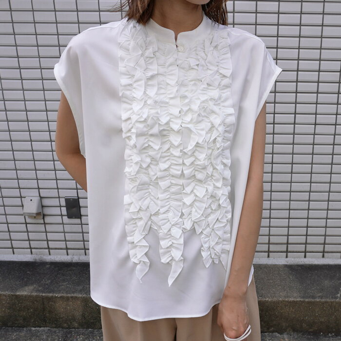 フロントフリルブラウス 半袖 Loungedress ノースリフリルブラウス 