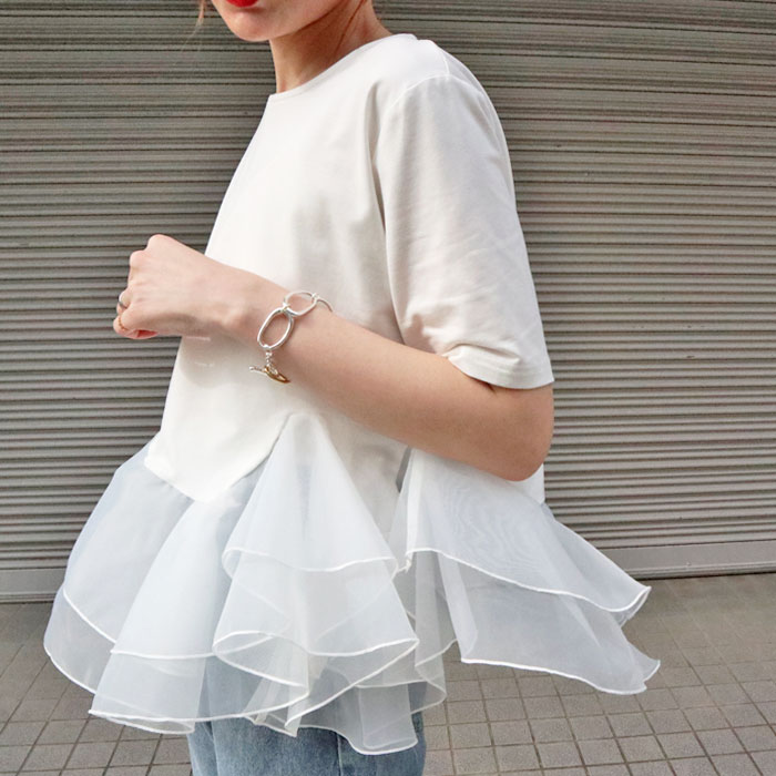 【4月中旬】オーガンジーフリルドッキングプルオーバー ペプラム デコラT ドッキングプルオーバー ドッキング デコレーション シアー フリル チュール 裾コンシャス 裾デザイン 裾ボリューム 異素材 ホワイト ブラック 体型カバー 高見え