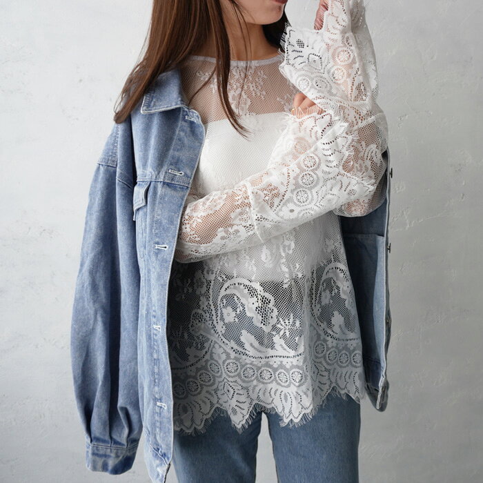 Rakuten - 【10％OFFクーポン対象】メッシュレースベルスリーブプルオーバー アイラッシュレース ヒゲレース レイヤード レース レーシー 薄手 トップス 透け感 無地 ゆるT マストアイテム 長袖 シースルー クルーネック レイヤード 重ね着 リラクシー ベーシック ホワイト