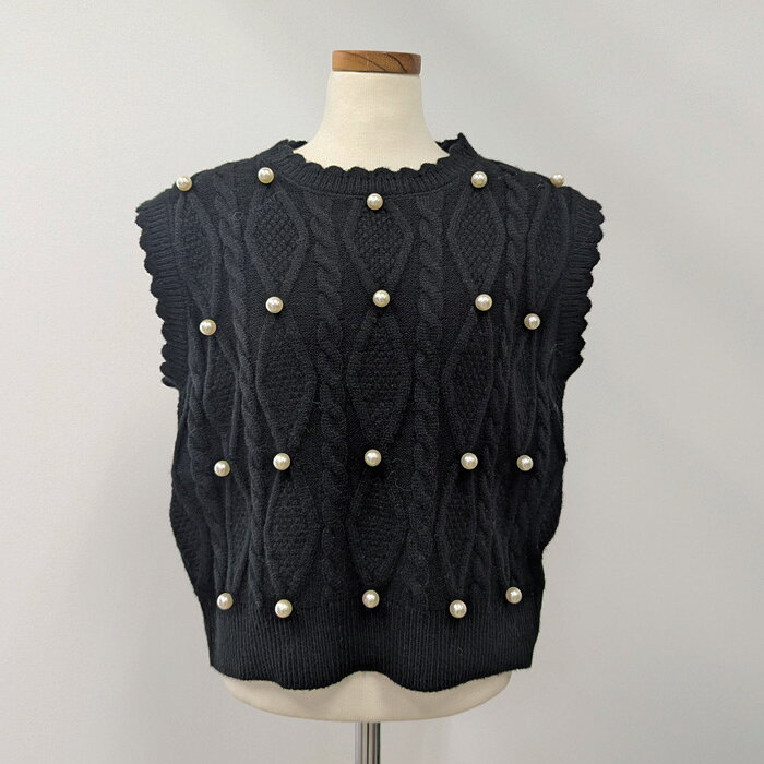 【10月下旬】パールデザインニットベスト パール ベスト ニット プルオーバー クロップドベスト デザイン ケーブル 模様 スカラップ 柔らか レイヤード 大人可愛い ほの甘 ホワイト ブラックのサムネイル