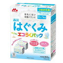 ■内容量：つめかえ用 800g（400g×2袋）■対象月齢：0カ月〜1歳頃まで■原材料：乳糖（アメリカ製造、ドイツ製造）、調整脂肪（パーム核油、パーム油、大豆油、エゴマ油）、ホエイパウダー（乳清たんぱく質）、脱脂粉乳、でんぷん分解物、乳清たんぱく質消化物、カゼイン、バターミルクパウダー、乳糖分解液（ラクチュロース）、ガラクトオリゴ糖液糖、ラフィノース、精製魚油、アラキドン酸含有油、カゼイン消化物、食塩、酵母、L-カルニチン/炭酸カルシウム、レシチン、炭酸カリウム、塩化マグネシウム、ビタミンC、ラクトフェリン、クエン酸三ナトリウム、イノシトール、リン酸水素二カリウム、コレステロール、塩化カルシウム、ピロリン酸第二鉄、タウリン、硫酸亜鉛、ビタミンE、シチジル酸ナトリウム、パントテン酸カルシウム、ニコチン酸アミド、ウリジル酸ナトリウム、硫酸銅、5-アデニル酸、ビタミンA、イノシン酸ナトリウム、グアニル酸ナトリウム、ビタミンB6、ビタミンB1、葉酸、β-カロテン、カロテノイド、ビオチン、ビタミンD3、ビタミンB12■エネルギー（100gあたり）： 512kcal■成分：たんぱく質 10.5g、脂質 27.0g、コレステロール 46mg、炭水化物 57.5g、食塩相当量 0.36g ■その他成分（100gあたり）：ビタミンA 410μg、ビタミンB1 0.35mg、ビタミンB2 0.7mg、ビタミンB6 0.3mg、ビタミンB12 1.5μg、ビタミンC 60mg、ビタミンD 6.5μg、ビタミンE 10.0mg、ビタミンK 25μg、ナイアシン 3.5mg、パントテン酸 4.0mg、ビオチン 15μg、葉酸 100μg、亜鉛 3.0mg、カリウム 495mg、カルシウム 380mg、セレン 7μg、鉄 6.0mg、銅 0.32mg、マグネシウム 45mg、マンガン 0.03mg、ヨウ素 210mg リン 210mg、ラクトフェリン 80mg、リノール酸 3.6g、α-酸リノレン酸 0.4g、アラキドン酸（ARA） 35mg、ドコサヘキサエン酸（DHA） 70mg、リン脂質 320mg、スフィンゴミエリン 50mg、ラクチュロース 500mg、ラフィノース 500mg、ガラクトオリゴ糖 500mg、イノシトール 60mg、L-カルニチン 12mg、β-カロテン 45μg、コリン 55mg、シスチン 185mg、タウリン20mg、ヌクレオチド 8mg、ルテイン 34μg、塩素 310mg、灰分 2.3g、水分 2.7g■アレルゲン：乳成分、大豆■原産国：日本■商品について：こちらの商品はつめかえ用です。専用ケース・専用スプーン付きの「はじめてセット」からお買い求めください。○広告文責：株式会社INS(03-6627-2234)○メーカー（製造）：森永乳業株式会社○区分：日本製、ベビーミルク★関連商品はこちら★★森永 はぐくみ エコらくパック はじめてセット★森永 はぐくみ エコらくパック つめかえ用2箱セット★森永 はぐくみ スティックタイプ 13g×10本★森永 はぐくみ 小缶 300g★森永 ドライミルク はぐくみ 大缶 800g★森永 ドライミルク はぐくみ 大缶800g×2缶パック「はぐくみ」は最新の母乳研究の成果をもとに、栄養成分の量とバランスを母乳に近づけたミルクです。・たんぱく質の量を母乳に近づけました（製品100gあたり10.5g＝日本国内で最も低い） ・ルテイン配合（日本国内で唯一） ・ラクトフェリン配合（日本国内で唯一） ・オリゴ糖を3種類配合（日本国内で最も多い）［エコらくパックの特徴］・ミルク入りの袋を手で開けて、専用ケースに袋ごと入れるだけ。・専用ケースは四角くてコンパクトサイズだから収納にも困りません。・使い終わったミルクは袋を丸めて捨てるだけなので、缶よりもゴミ捨てが簡単です。・缶と比べて、製造時のCO2排出量も少ないので、とってもエコなミルクです。[検索用：粉ミルク はぐくみ ベビーミルク 0〜1歳頃 ビフィズス菌 新生児 乳幼児 エコ ラクトフェリン morinaga 4902720109109] あす楽に関するご案内 あす楽対象商品の場合ご注文かご近くにあす楽マークが表示されます。 対象地域など詳細は注文かご近くの【配送方法と送料・あす楽利用条件を見る】をご確認ください。 あす楽可能な支払方法は【クレジットカード、代金引換、全額ポイント支払い】のみとなります。 15点以上ご購入いただいた場合、あす楽対象外の商品とご一緒にご注文いただいた場合あす楽対象外となります。