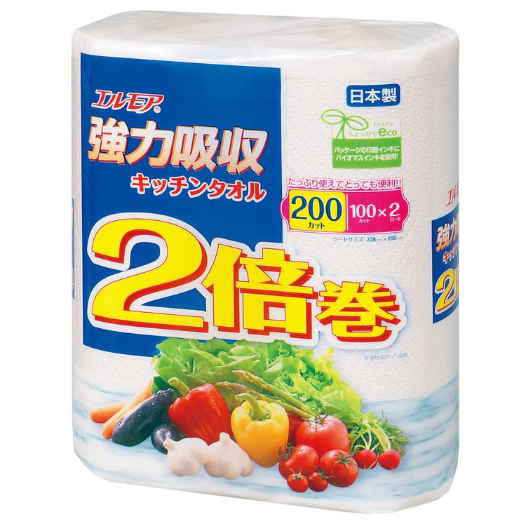 キッチンペーパー ペーパータオル 日本製 エルモア 強力吸収 キッチンタオル 2倍巻き 2ロール 100カット 143002 キッチンタオル 2倍巻き 料理 パルプ 油 吸収 強力 便利 カミ商事 国産 エルモアのサムネイル