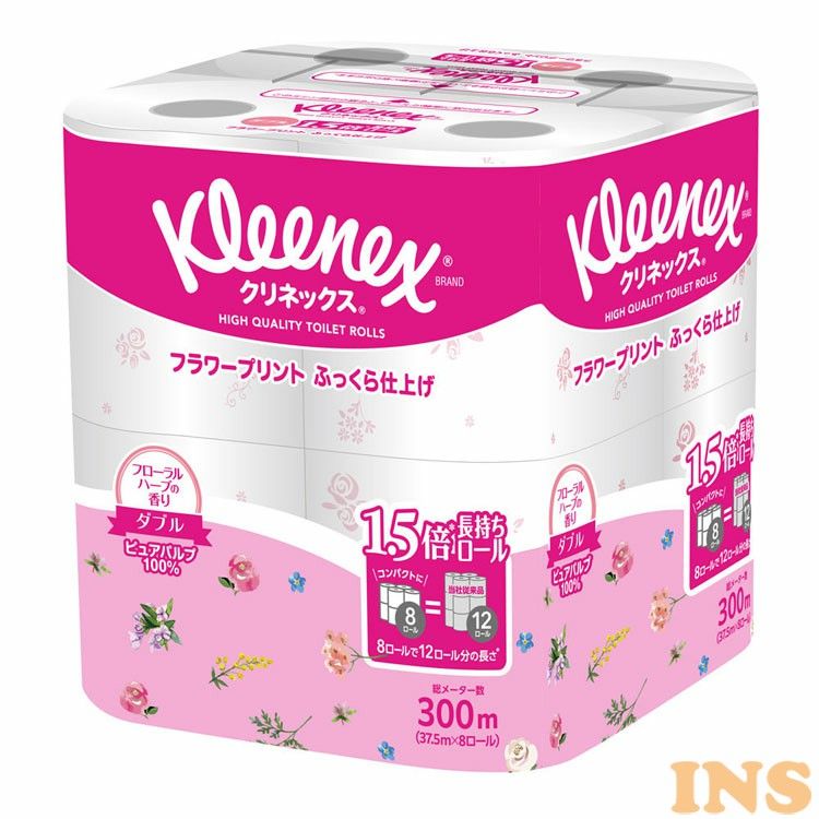 クリネックス 1.5倍長持ち トイレットペーパー プリント フローラルハーブの香り 37.5m ダブル 8ロール 24901 kleenex トイレットペーパー トイレットティシュー 1.5倍 長持ち プリント 香り付き 長巻 ピンク クリネックス 【D】