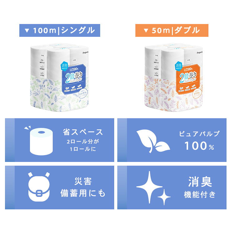 2倍巻きトイレットペーパー シングル 100m ダブル 50m 12ロール トイレットペーパ...