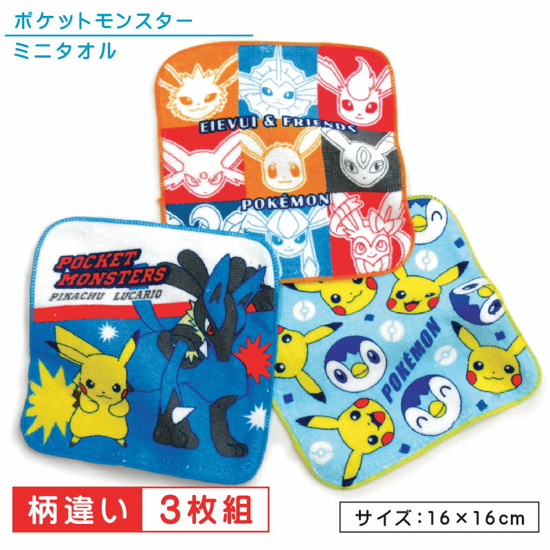 ポケットモンスター ポケモン ミニタオル 柄違い 3枚セット 16×16cm 綿100％ ネームタグ付き M4498・ZS キャラクター ピカチュウ ルカリオ ポッチャマ プチタオル 保育園 幼稚園 小学生 手拭き 口拭きタオル 男の子 女の子 かわいい キッズ ハンカチ [pt3]【メール便OK】