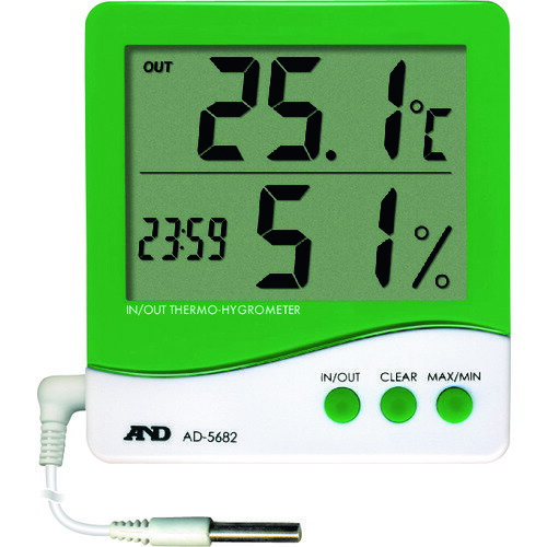 室内の温度、湿度と時刻を同時表示します。外部温度と切り替え表示可能です。外部センサーで他の温度も計測可能です。(取り外し可能）壁掛け、スタント置き共に可能です。測定温度範囲(℃)：0〜50(IN)-40〜70(OUT)測定温度範囲(℃)IN/OUT：0〜50/-40〜70測定湿度範囲(%RH)：15〜95測定項目：温度、湿度、時刻電源：単4乾電池×1本(付属)測定範囲：温度(内部センサー)幅×奥行×高さ：101×24×108mm温度最小表示：0.1℃湿度最小表示：1%RH外部センサーコード長：3m(取り外し可能)　