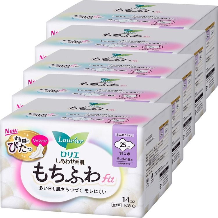 【5個セット】ナプキン 生理用品 羽つき ロリエ しあわせ素肌 もちふわfit 特に多い昼用 羽つき 14コ 25cm 花王 ロリエ 生理 生理用品 サニタリー もちふわFit ナプキン もちふわ 羽つき 無香料