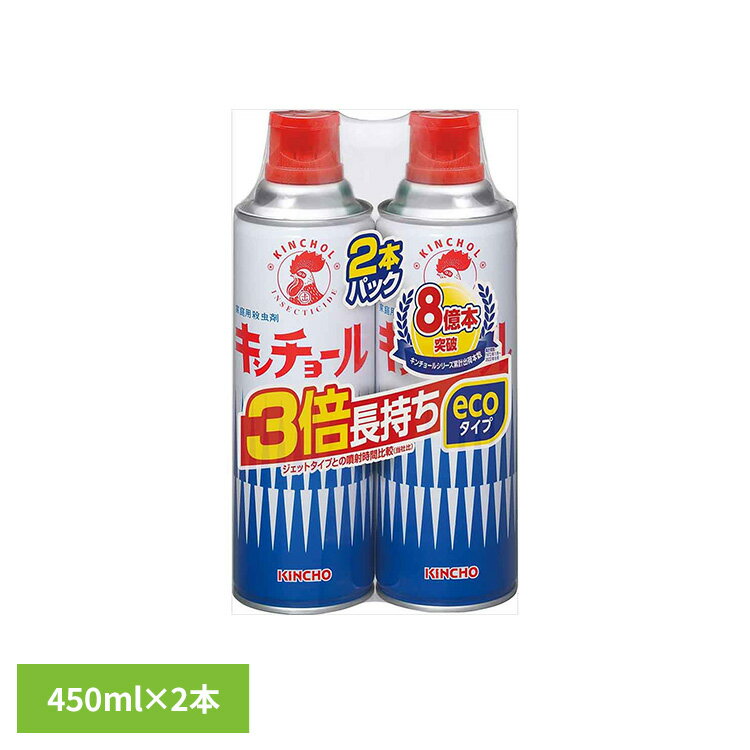 ハエや蚊はもちろん、ゴキブリ、マダニなど色々な虫を駆除します。ジェットタイプより3倍長持ちのエコタイプ（メーカー従来品比）。※リニューアルに伴い、パッケージ・内容等予告なく変更する場合がございます。予めご了承ください。●商品サイズ（cm）幅約13×奥行約6.5×高さ約21.9●内容量450mL2本●商品区分医薬部外品●成分【有効成分】d-T80-フタルスリン：0.50w/v％、d-T80-レスメトリン：0.067w/v％（原液100mLあたり）【その他の成分】香料、ケロシン（灯油）、LPG、DME○広告文責：e-net shop株式会社(03-6706-4521)○メーカー（製造）：大日本除虫菊○区分：日本・医薬部外品（検索用：ストック 予備 大掃除 引越し マンション 戸建て 家族 まとめ買い 準備 対策 4987115100916）最強翌日配送対象商品に関するご案内 最強翌日配送対象商品・対象地域に該当する場合は最強翌日配送マークがご注文カゴ近くに表示されます。 最強翌日配送可能なお支払方法は【クレジットカード、代金引換、全額ポイント支払い】のみとなります。 下記の場合は最強翌日配送対象外となります。 ・15点以上ご購入いただいた場合 ・時間指定がある場合 ・ご注文時備考欄にご記入がある場合 ・決済処理にお時間を頂戴する場合 ・郵便番号や住所に誤りがある場合 ・最強翌日配送対象外の商品とご一緒にご注文いただいた場合 ・お届け先住所文字数が40文字以上の場合ご注文前のよくある質問についてご確認下さい[　FAQ　]