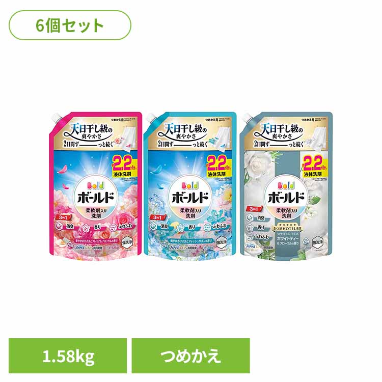 【2026年3月19日リニューアルしました】 部屋干しでも天日干し級の爽やかさ 3 IN 1： 強洗浄・W消臭*1・24h香り長続き*2 ファブリーズ レノアと共同開発 すすぎ1回OK 部屋干しにも 10％濃縮！*3 少ない量で同じだけ洗える 約1.3カ月分※週に約4.7回、2.8kgを洗たく（本品35ml使用）の場合 *1 2種類の消臭成分 *2 保管状態で *3 2024年のボールドジェルシリーズ比 ※リニューアルに伴い、パッケージ・内容等予告なく変更する場合がございます。予めご了承ください。 ●内容量 1580g×6（つめかえ用） ●商品サイズ（cm） 幅約19.7×奥行約27.2×高さ約7.4 ●成分 界面活性剤（20%：ポリオキシエチレンアルキルエーテル、直鎖アルキルベンゼンスルホン酸塩、アルキルエーテル硫酸エステル塩、純せっけん分(脂肪酸塩)）、安定化剤、香料、pH調整剤、水軟化剤 ●使用上の注意 これは飲み物ではありません。 子供の手の届くところに置かない。認知症の方などの誤飲を防ぐため、置き場所に注意する。用途以外に使用しない。荒れ性の方や長時間使う場合、また原液で使う場合は炊事用手袋を使う。使用後は水で手をよく洗い、クリームなどでお手入れをおすすめします。開ける際にはキャップの切り口と液の飛び出しに気をつけてください。こぼさないよう注意する。こぼれたときは、水ですぐにふき取る。原液が洗濯機のフタや床などについたときは、水ですぐにふきとる。窒息の原因になる可能性がありますので、容器キャップは常に固く締め、お子様が誤って口にいれないようにしてください。直付け・つけ置きする場合は、衣類の目立たない所に洗剤原液をつけて色落ちしないか事前に確認する。洗剤原液が衣類に直接かかるのを防ぐため、洗剤投入口をお使いください。 ●応急処置 万一飲み込んだ場合は水を飲ませる、また、目に入った場合はこすらずに水でよく洗う等応急処置をし、医師に相談する。 最強翌日配送対象商品に関するご案内 最強翌日配送対象商品・対象地域に該当する場合は最強翌日配送マークがご注文カゴ近くに表示されます。 最強翌日配送可能なお支払方法は【クレジットカード、代金引換、全額ポイント支払い】のみとなります。 下記の場合は最強翌日配送対象外となります。 ・15点以上ご購入いただいた場合 ・時間指定がある場合 ・ご注文時備考欄にご記入がある場合 ・決済処理にお時間を頂戴する場合 ・郵便番号や住所に誤りがある場合 ・最強翌日配送対象外の商品とご一緒にご注文いただいた場合 ・お届け先住所文字数が40文字以上の場合 関連キーワード(本商品の説明ではありません) 母の日 父の日 敬老の日 こどもの日 クリスマス バレンタイン ホワイトデー ハロウィン お正月 成人の日 成人式 記念日 誕生日 卒業式 入学式 お歳暮 お中元 春 夏 秋 冬 梅雨 節分 ひな祭り 七夕 十五夜 初詣 年越し 夏祭り 花火大会 結婚祝い 内祝い 出産祝い 快気祝い 還暦祝い 古希 喜寿 傘寿 米寿 卒寿 白寿 百寿 新築祝い 引っ越し祝い 開店祝い 開業祝い 就職祝い 昇進祝い 合格祝い 銀婚式 金婚式 七五三 長寿祝い 御礼 お母さん お父さん 義母 義父 祖父 祖母 おばあちゃん おじいちゃん 娘 息子 彼氏 彼女 恋人 友達 上司 先輩 後輩 同僚 キッズ 子供 幼児 ベビー 赤ちゃん 育児 学生 社会人 シニア 10代 20代 30代 40代 50代 60代 70代 80代 90代 一人暮らし 単身赴任 主婦 主夫 新生活 家族暮らし 子育て 旅行 トラベル ライブ ホームパーティ ビジネス 法人 ギフト プレゼントご注文前のよくある質問についてご確認下さい[　FAQ　]