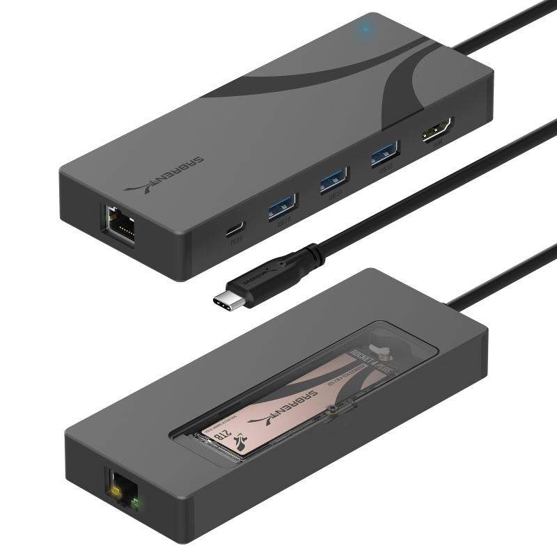 SABRENT usb-Cハブ、 M.2 SSDスロット付き6ポートドック、90W PD3.0、1個のUSB 2.0 & 2個のUSB 3.0 Type-Aポート、HDMI 2.0 4K@60Hz、RJ45 1GbEポート ドッキングステーション