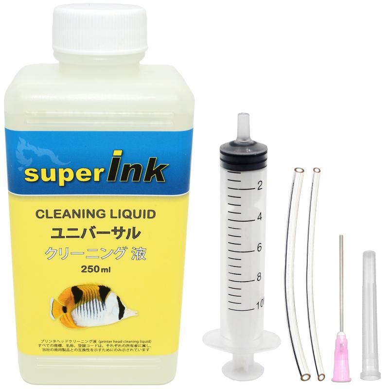 クリーニング液 - superInk ユニバーサル 洗浄液 インクジェットプリントヘッド用(キヤノン エプソン ブラザー HP リコー)+ 手袋1組 + 10ml注入器 + 針 + キャップ + シリコーン チューブ2本