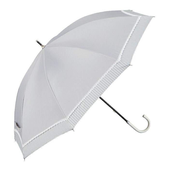 晴雨兼用 長傘 50cm レース付ストライプ柄 UVカット加工付【手開き PUレザー手元 2色】