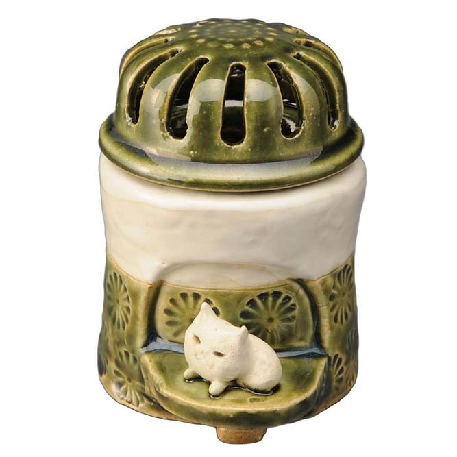 陶器 手造り 香炉 香立て/ 織部印花 香炉（中）（ネコ） /置物 インテリア プレゼント 贈り物