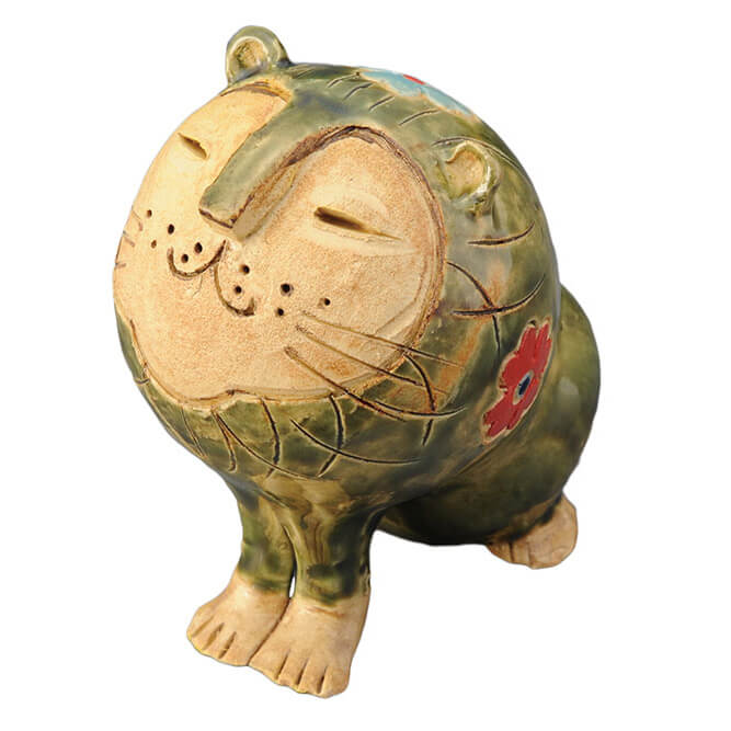 陶器 手造り 花器/ 花猫 花器（織部） /剣山付 置物 インテリア プレゼント 贈り物