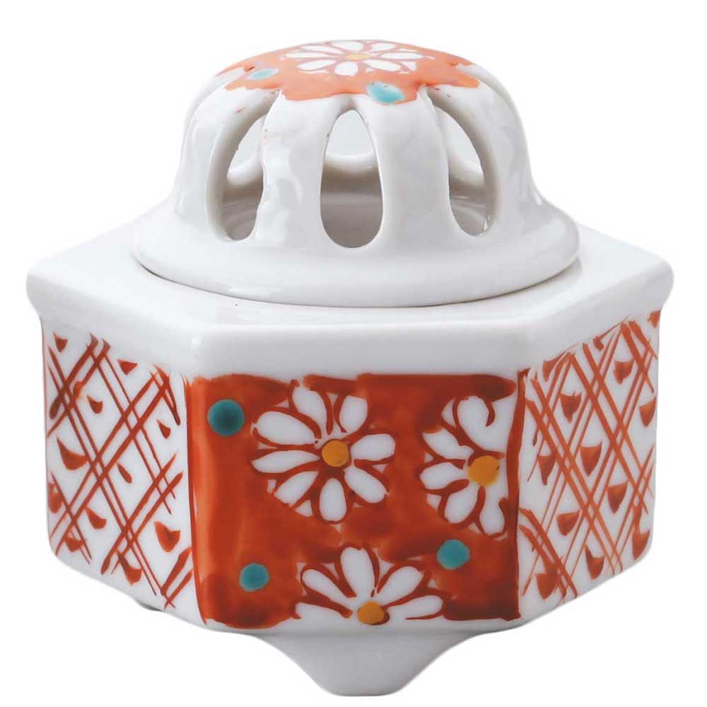 香炉 香鉢 お香 アロマ/ 赤絵花紋六角香炉 /インテリア 縁起 招福 プレゼント 贈り物