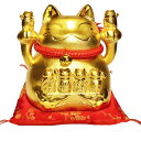 招き猫 置物 金色 ゴールド 縁起物 豪華/ 金運両手招き猫(鈴・赤座布団) /インテリア 開運 招福 プレゼント 贈り物