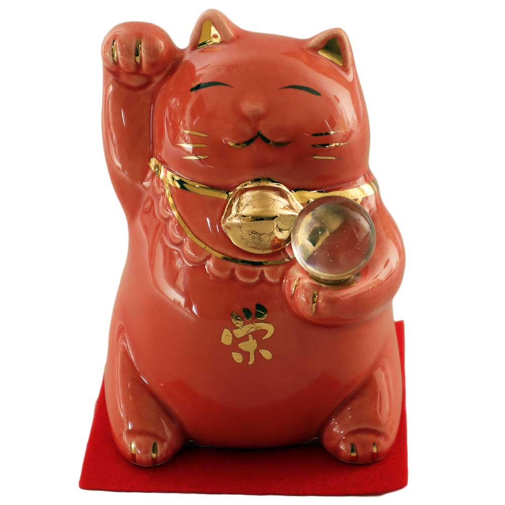 風水 招き猫 開運 招福 健康/ 風水玉持ち招き猫 赤 /家庭用 贈り物 プレゼント