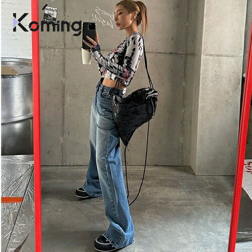 49136 ワイドウォッシュ加工デニムパンツ【LAGIRL】【Koming】 韓国ファッション レディースファッション カジュアルなデニムパンツ ワイドフィット ウォッシング ビンテージ 高級感 上着とマッチのサムネイル