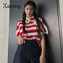 49724 ボーダー柄コットンポロシャツ【LAGIRL】 【Koming】 韓国ファッション レディースファッション ストライプパターン カラーTシャツ コットン素材 ゆったりとしたフィット 多様なコーディネート 配色