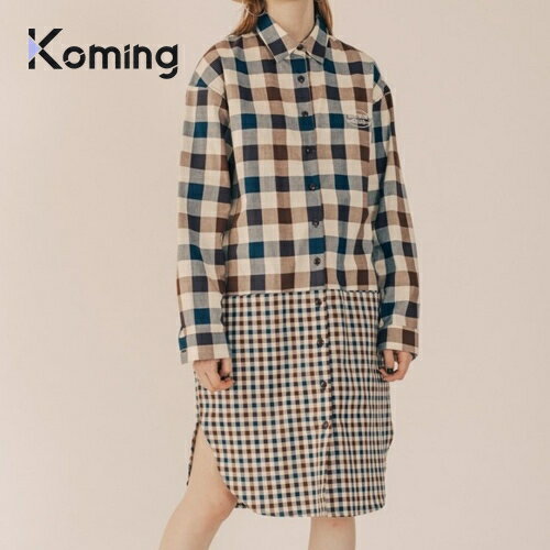 2柄ロングチェックシャツワンピース BROWN 【RUNNINGHIGH】 【Koming】 韓国ファッション レディースファッション 母の日