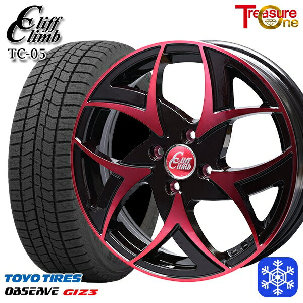 スタッドレスタイヤホイール4本セット 165/55R15 N-BOX タント 2024年製 トーヨー オブザーブ ギズ3 トレジャーワン クリフクライム TC05 BP/レッドクリア 15インチ 4.5J 4H100