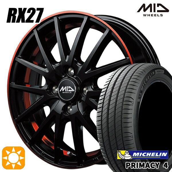 【取付対象】フィット アクア 185/60R15 88H XL ミシュラン プライマシー4 MID シュナイダー RX27 ブラック/リム＆アンダーカットポリッシュ＋レッドクリア 15インチ 5.5J 4H100 サマータイヤホイールセット