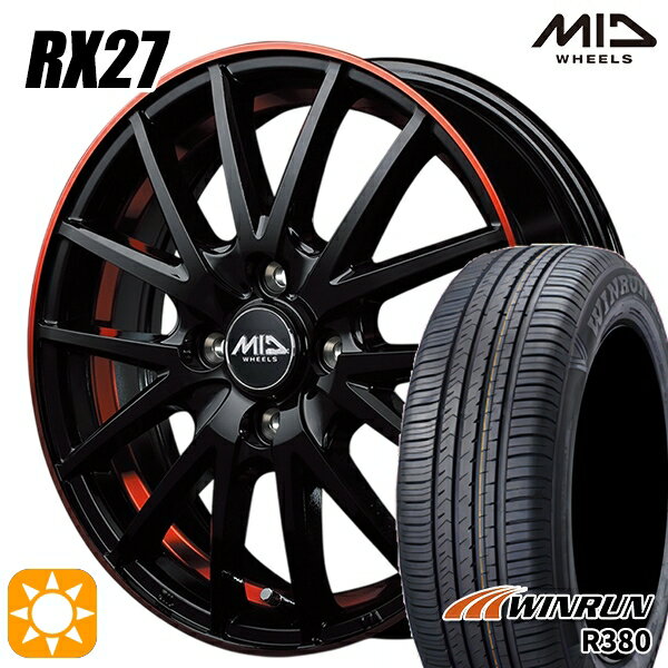 【取付対象】フィット アクア 185/60R15 84H ウィンラン R380 MID シュナイダー RX27 ブラック/リム＆アンダーカットポリッシュ＋レッドクリア 15インチ 5.5J 4H100 サマータイヤホイールセット