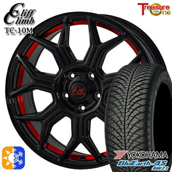 225/45R18 95Y XL ヨコハマ ブルーアース 4S AW21 トレジャーワン クリフクライム TC10M ブラックレッドアンダーカット 18インチ 7.0J 5H114.3 オールシーズンタイヤホイールセット